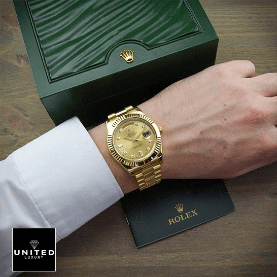 Rolex Day-Date II 218238  in front of the rolex box