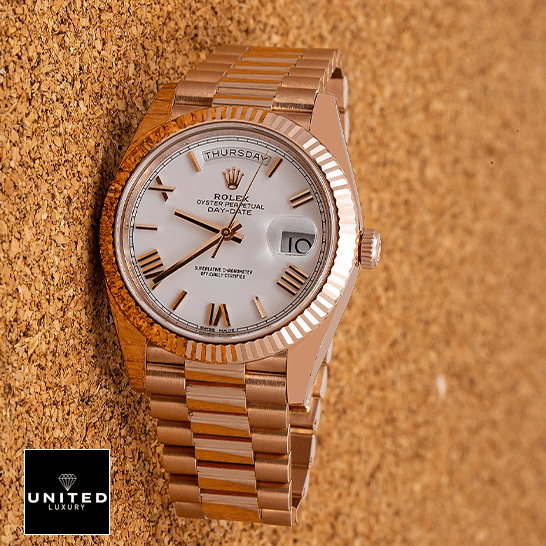 Rolex Day-Date 228235 KW Rose Gold White Dial 1 Rolex Day-Date 228235 Roman White Dial horizontal view