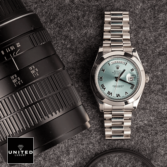 Rolex Day-Date II Stainless Steel Ice Blue Roman Dial 218206  photo shoot