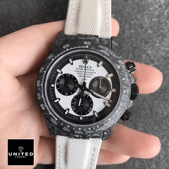 Rolex Daytona Carbon Cream Textile Bracelet Black Bezel  on his hands