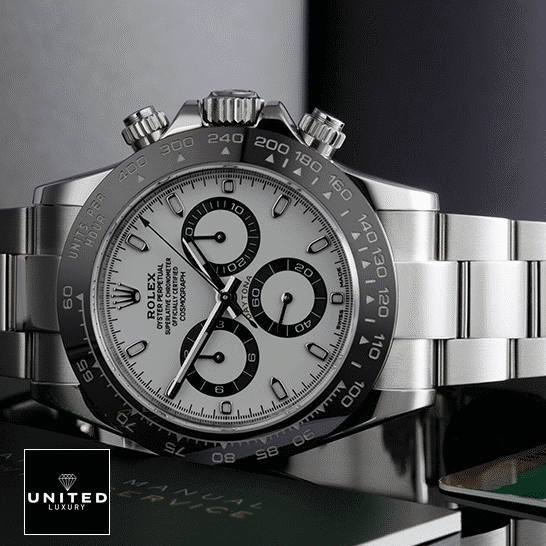 Rolex Daytona Ceramic Bezel White Dial 116500ln-0001 Oyster 5 Rolex Daytona 116500ln-0001 Black Bezel Oyster on the table