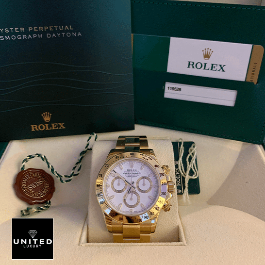 Rolex Daytona 116528 Yellow Gold White Dial Oyster  & Guarantee Card in the Rolex Box