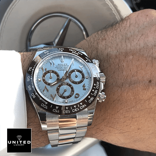 Rolex Daytona Platinum Ice-Blue/Hindu-Arabic Dial 116506-0001  on his arm