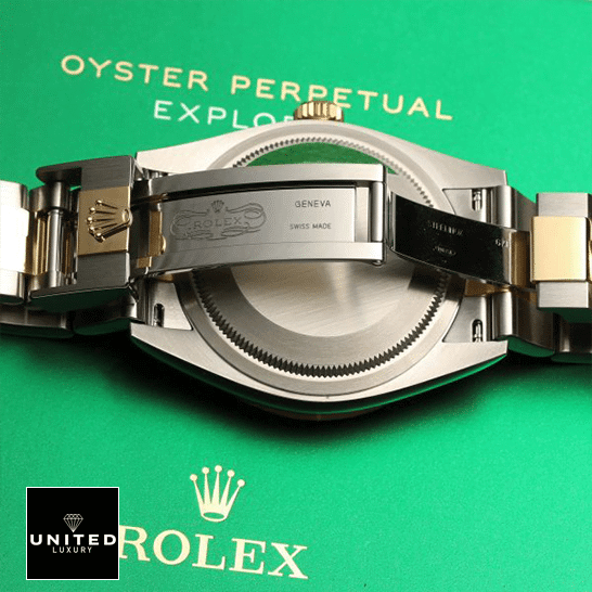 Rolex 2021 Explorer 124273 Two Tone Bracelet  Open Fold Clasp on the Rolex Box