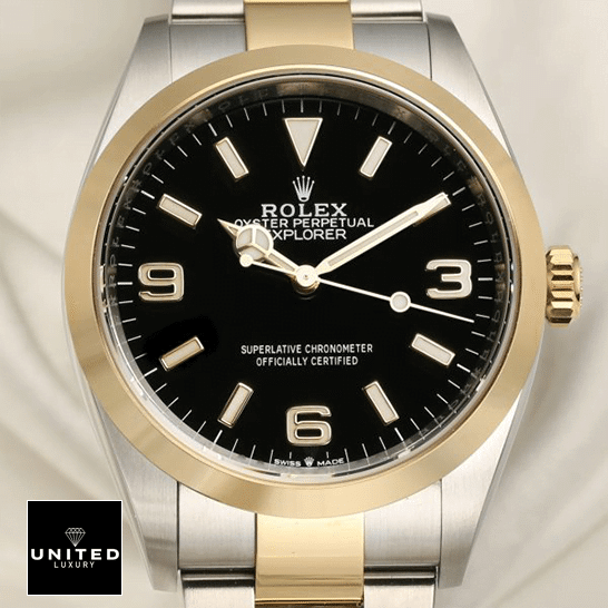 Rolex 2021 Explorer 124273 Yellow Gold Bezel  cream tulle background