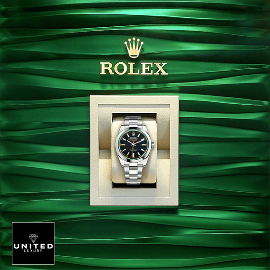 Rolex Milgauss Black Dial Green Crystal M116400GV-0001 Oyster 6 Rolex milagauss 116400GV in the rolex box and green background
