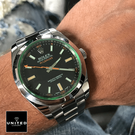 Rolex Milgauss Black Dial Green Crystal M116400GV-0001 Oyster 2 Rolex Milgauss M116400GV Green Crystal Stainless Steel Oyster on his arm