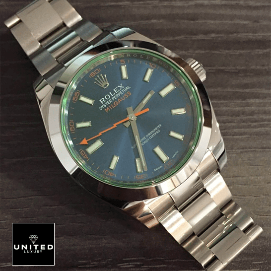 Rolex Milgauss 116400GV-0002 Blue Dial 10 Rolex Milgauss 116400GV-0002 Green Sapphire Crystal and Blue Dial Oyster on the table
