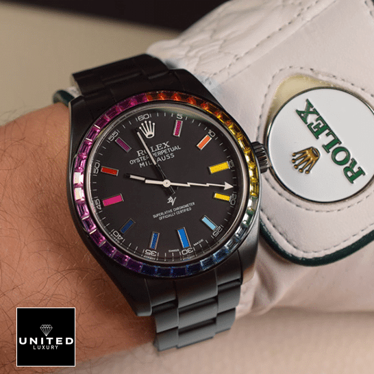 Rolex Milgauss 116400 Rainbow Gem-Set Bezel  on his arm