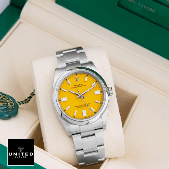 Rolex Perpetual 124300 Oyster Yellow Dial  in the Green Box