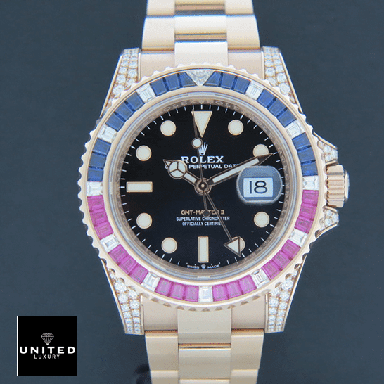 Rolex GMT-Master II 126755SARU  dial is black with stick and dot indices