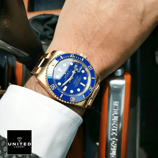 Rolex 116618LB Submariner Gold Blue Dial  on the wrist