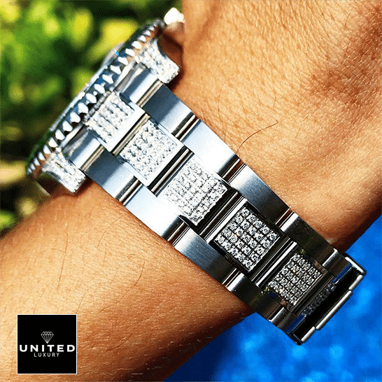 Rolex Submariner Hulk 116610LV Diamond Bracelet Iced Out  on his arm