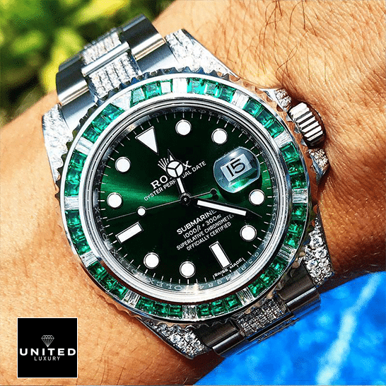 Rolex Submariner Hulk 116610LV Gem-Set Bezel Iced Out  on his arm