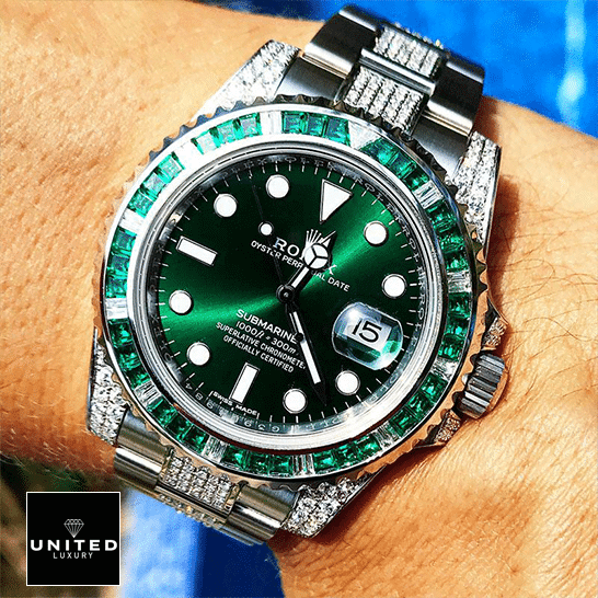 Rolex Submariner Hulk 116610LV Diamond Green Dial Iced Out  on his arm