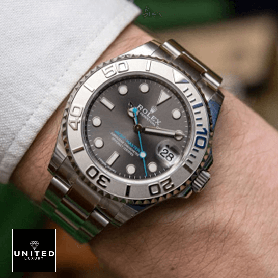 Rolex Yacht-Master 116622-0003 Platinum & Rhodium Dial 14 Rolex 268622 Steel Platinnum Grey Dial white shirt at the wrist