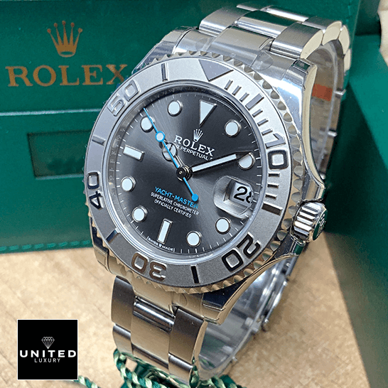 Rolex Yacht-Master 116622-0003 Platinum & Rhodium Dial 13 Rolex Yacht Master 268622 Steel Platinum Grey Dial next to box
