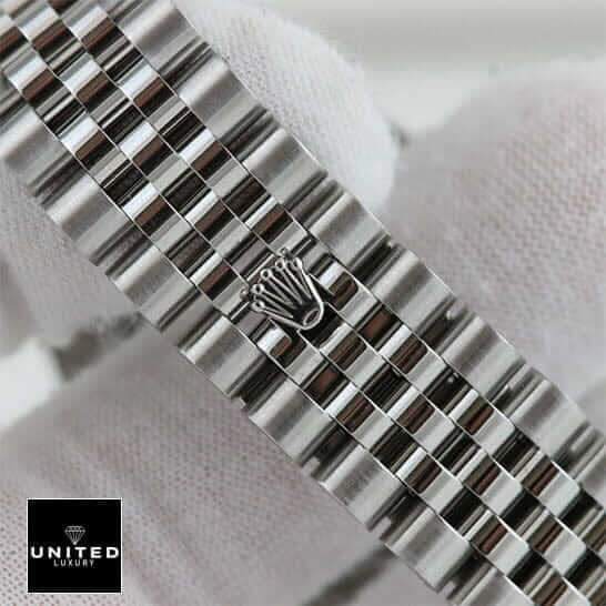 Rolex Datejust Steel Jubilee Bracelet on the Rolex logo