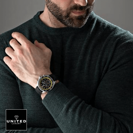 Tag Heuer Carrera Black Strap Bezel Black Dial  on the man wrist