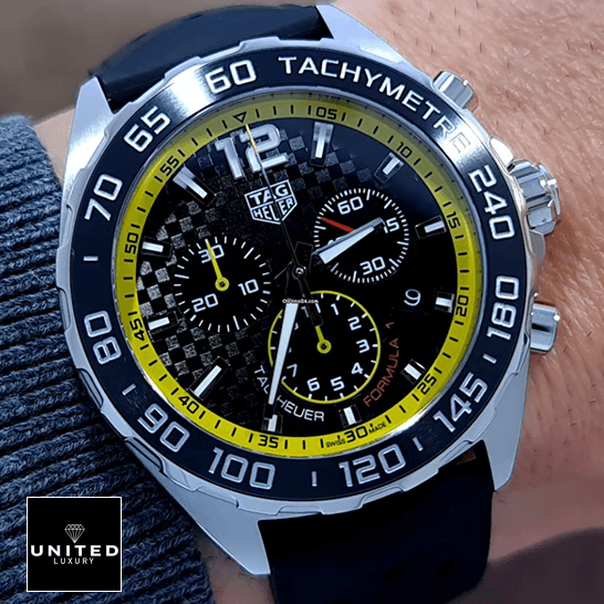 Tag Heuer Carrera Yellow Black Dial  on the man wrist