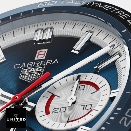 Tag Heuer Carrera Blue Dial Red Second Han Tachymetre Blue Bezel  close view