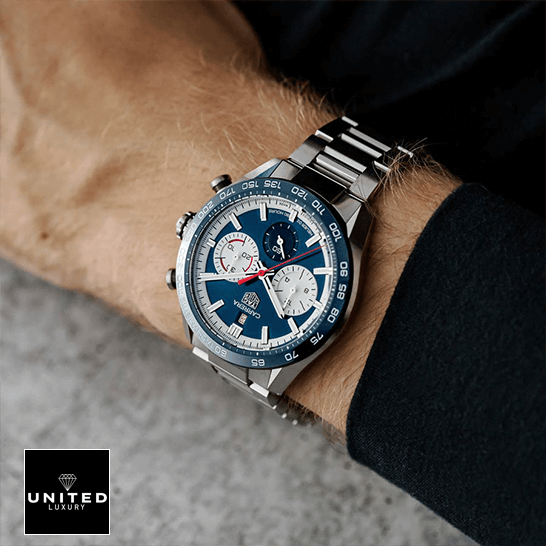 Tag Heuer Carrera Blue Dial Red Second Han  on the wrist